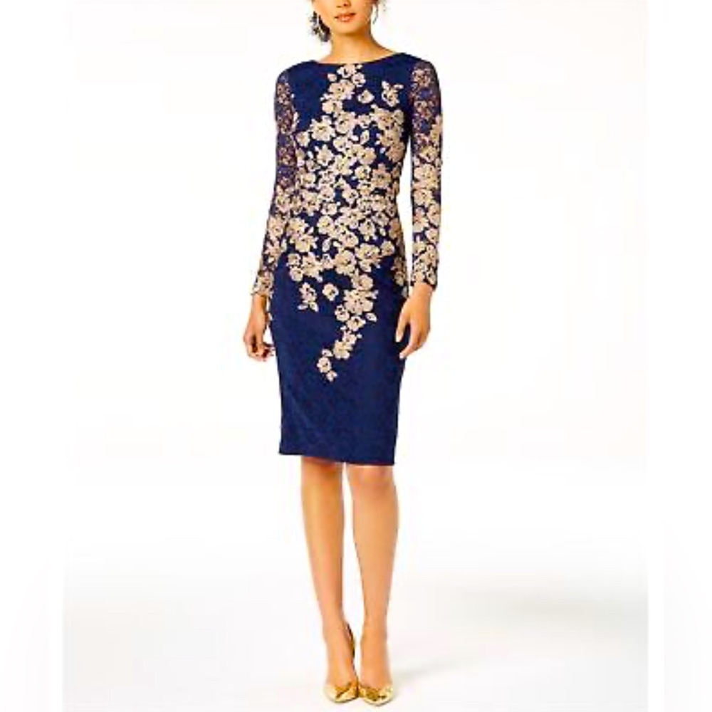 EXSCAPE Gold  Black Embroidered Body Con  Dress Long Sleeve Midi Cocktail